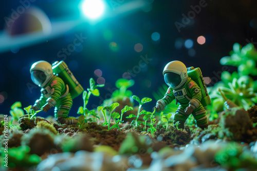 Toy Astronauts Among Green Plant On The Moon, Moon Discovery, New Civilization Colony, Planetary Migration Concept Illustration
