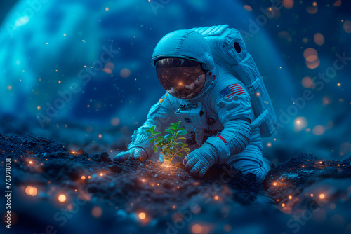 Astronaut on Another Planet Or Moon Discover New Life. Space Travel, Discovery Of Habitable Worlds and Colonization Concept.