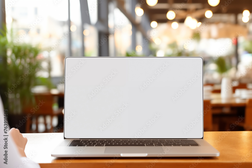 Laptop, notebook with empty, blank screen on table. Cafe interior background Laptop, notebook with empty, blank screen on table. Cafe interior background