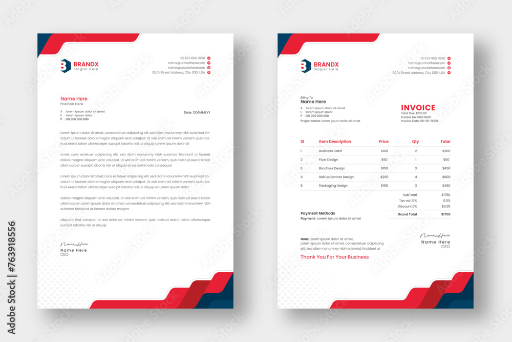 Professional invoice and letterhead design for the corporate office. letterhead, invoice design illustration. Simple and creative modern corporate clean design.
