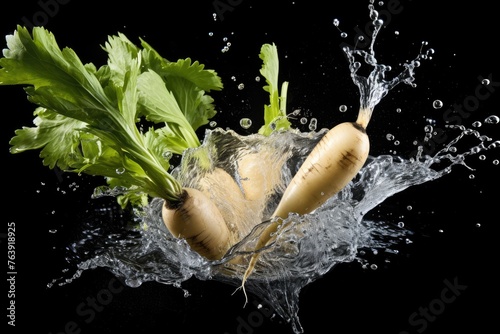 Parsnip , Throw it into the water and spread it out , vegetable , black background. photo