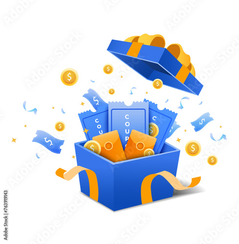 3d gift box opening with coupons or vouchers, flying gold coins, dollars, confetti and ribbon. Holiday sale, lucky win surprise, benefit reward program offer, online shopping bonus. 3D vector isolated