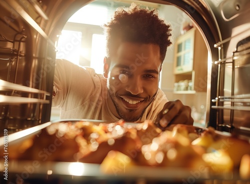 A man is looking into an oven with his hand on the door handle, seeing inside where chicken and potatoes are in a dish. The view from behind him through open doors