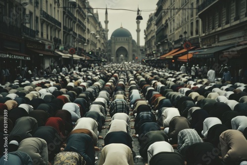 A huge group of muslims praying in the street in front of Parisian mosque in a cloudy day in the morning