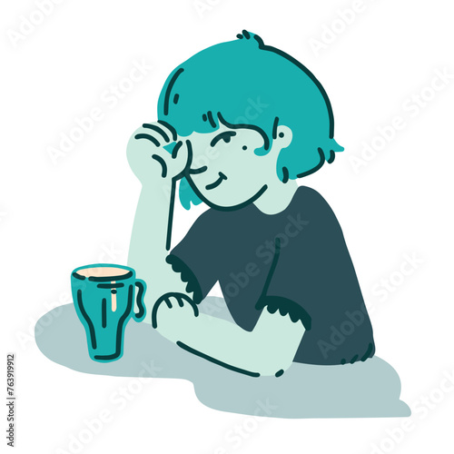 Vector flat illustration of aquamarine girl. Woman sitting in cafe, enyoing her drink at the table. Cute cartoon character design. 