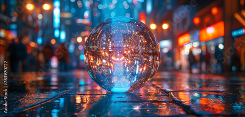 A glass ball with a reflection of a blurred night city lights in it on a reflective surface with a blurry background.