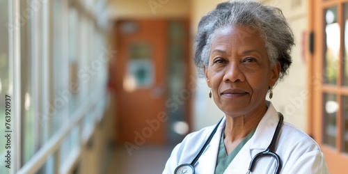 Senior care provider assistance, retirement home nursing, and support for the health of elderly women Black portrait physician of African American descent photo