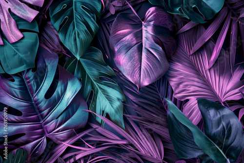 Tropical leaves with metallic look in neon light, purple and green colour, trendy dark exotic foliage background.