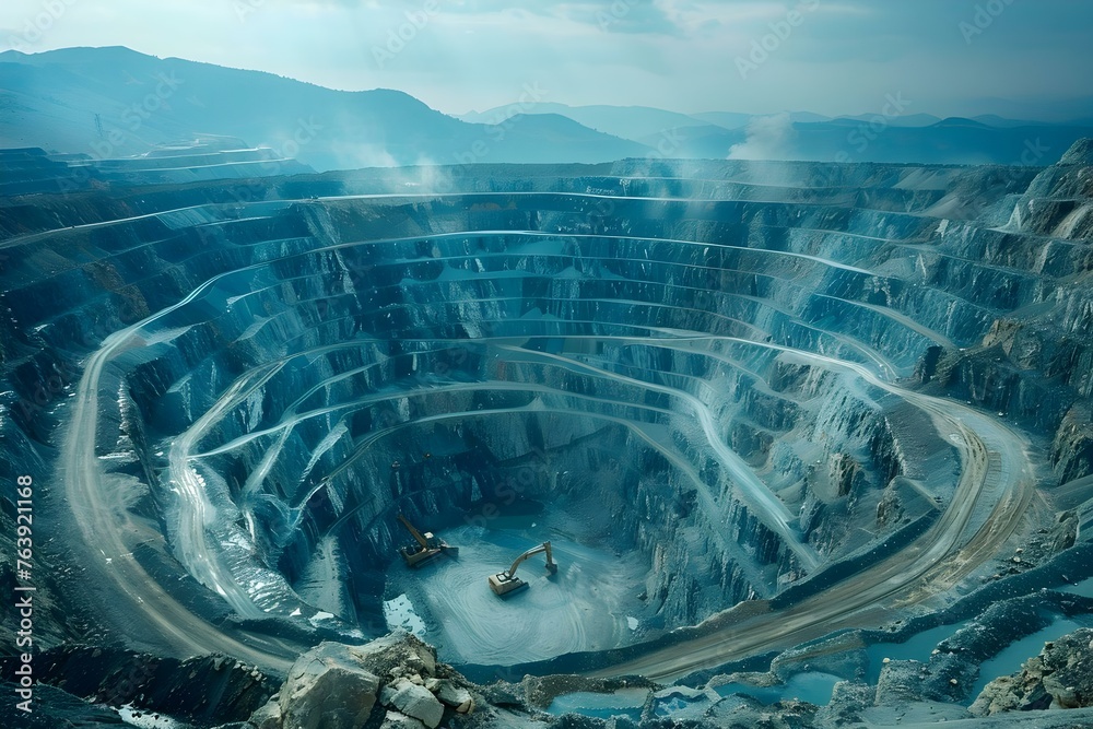 The Immensity of Mining Operations: An Expansive Open-Pit Mine. Concept Mining Industry, Open-Pit Excavation, Extractive Operations, Mineral Resources, Industrial-scale Mining