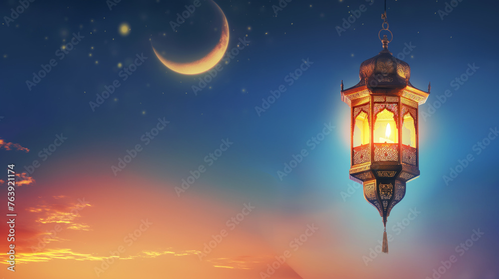 Eid Mubarak Banner with Sky Background, Crescent and Lantern 