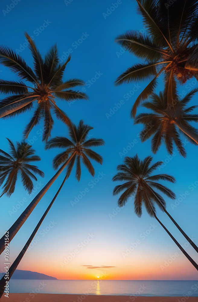 Silhouette of palm trees Beautiful sunset on the tropical sea beach background for travel in holiday relax time,. High quality photo