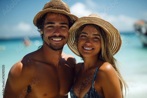 Tanned couple standing smiling at tropical beach with blue sky