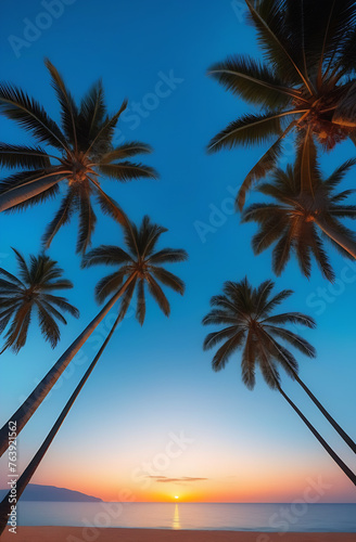 Silhouette of palm trees Beautiful sunset on the tropical sea beach background for travel in holiday relax time . High quality photo