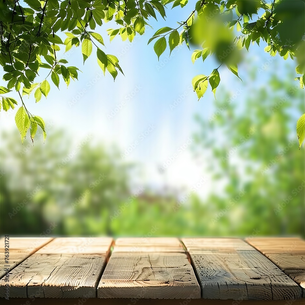 Wooden Table With Green Leaves Wooden Table With Green Leaves