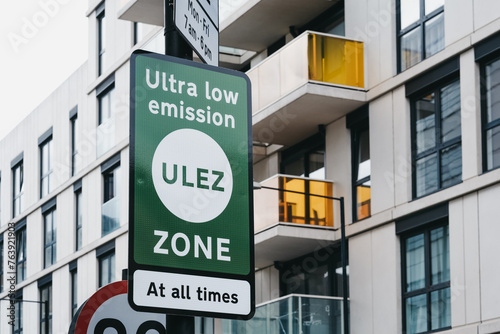 Sign indicating Ultra Low Emission Zone (ULEZ) on a street in London, UK. photo