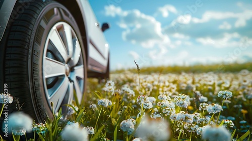 wheel in the grass. A car on summer tires in a flowering field. Summer tires concept. Change of season. summer tires