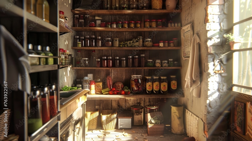 Obraz premium Pantry where we store canned food and kitchen utensils. Generative AI