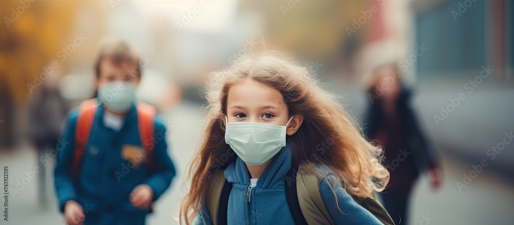 A close-up photo featuring a young girl wearing a protective face mask for safety and health measures