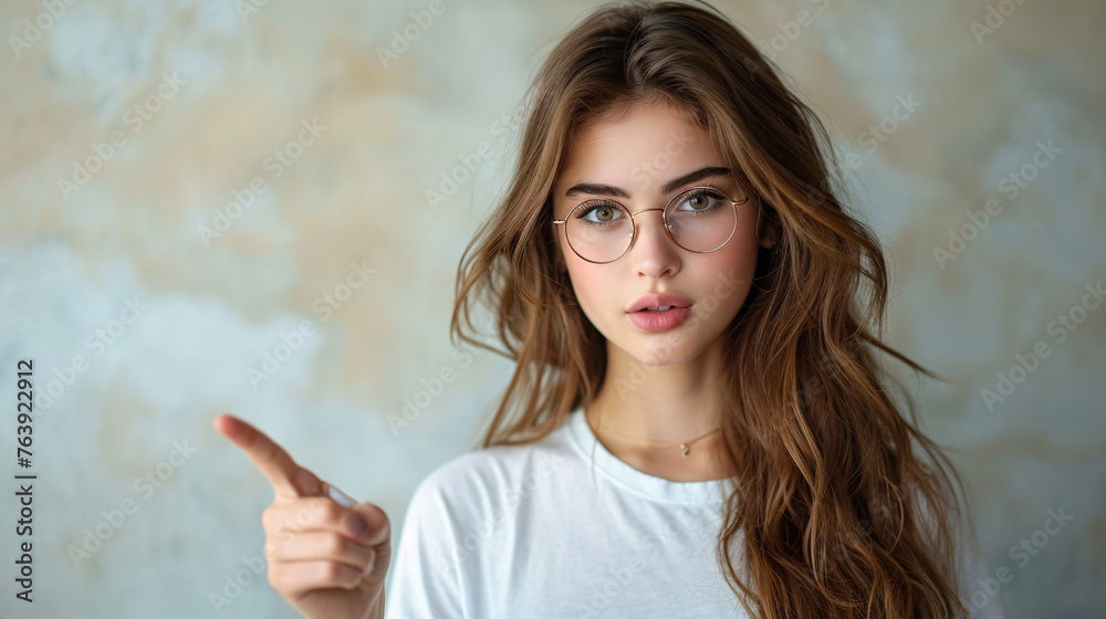 Joyful Discovery Girl Woman points her Finger at Something that Amuses and Interests her Joyful Discovery Girl Woman points her Finger at Something that Amuses and Interests her