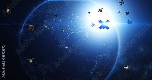 Satellite Networks Enabling Global Telecommunication and High-Speed Internet. Industry And Technology Related 3D Render.