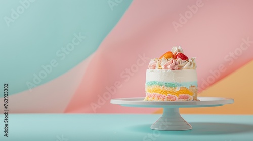 A cake pink and blue background with with fruits and berries and a copy space