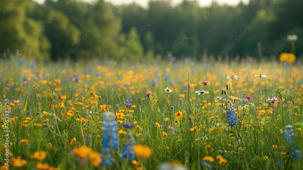 Fototapeta premium A tranquil meadow blanketed with wild flowers. AI