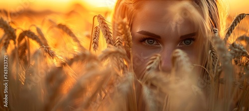 Happy young woman smiling and enjoying the beautiful sunset in a picturesque wheat field