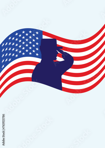Silhouette of military man side view giving military salute at parade dedicated to Veterans Day. Outline of soldier in uniform. Party poster graphic a4 template. Vertical illustration. Vector