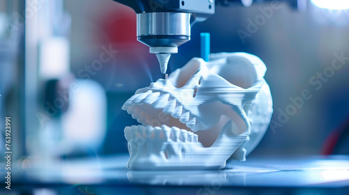 3d printer use in medical field, advanced and futuristic medical lab, laptop and 3d printer on desk, modern 3d printing technology, biotechnology photo