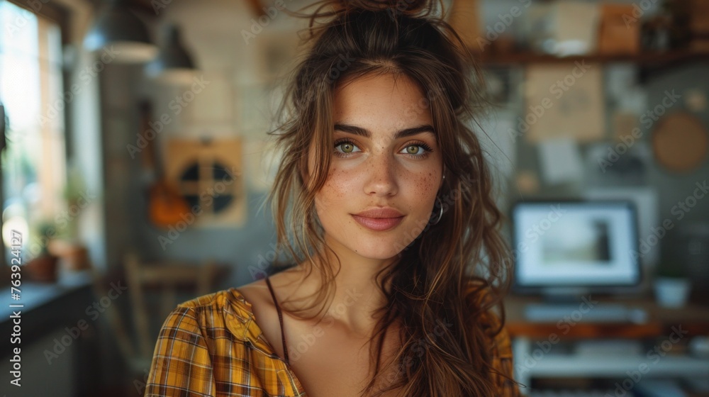 A young woman with long brown hair stands in a modern kitchen, looking at the camera. She is wearing a white shirt and jeans, with natural light coming in through the windows A young woman with long brown hair stands in a modern kitchen, looking at the camera. She is wearing a white shirt and jeans, with natural light coming in through the windows