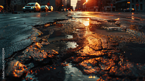 Street after rain. Potholes on damaged asphalt with puddles.