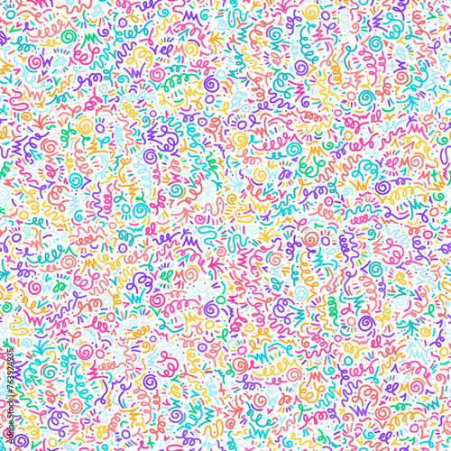 Neon abstract 90s style art seamless pattern with squiggle, scribble and curls. Ornament for printing on fabric, cover and packaging. Color fluorescent line vector isolated on white background