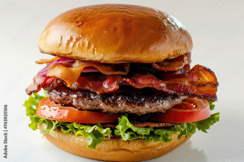 hamburger isolated on white with bacon, lettuce, beef patty, and red tomato slices