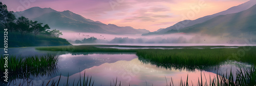 JK Landscapes: The Serene Dawn at a Tranquil Nature Reserve Against the Scenic Mountain Backdrop