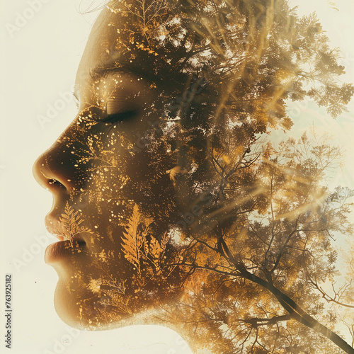 Flowers and trees in the shadows on a woman's face