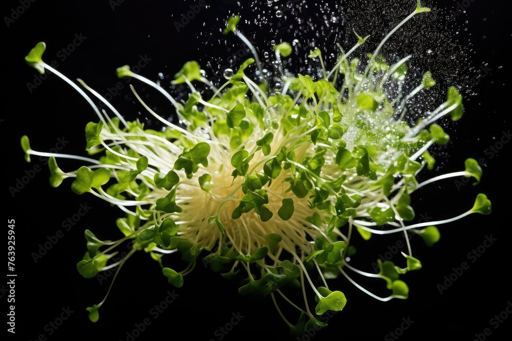Alfalfa sprouts , Throw it into the water and spread it out , vegetable , black background. Alfalfa sprouts , Throw it into the water and spread it out , vegetable , black background.