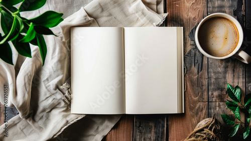 Flat lay mockup of a blank white book for customization or design purposes. photo