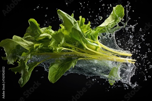 Dandelion greens , Throw it into the water and spread it out , vegetable , black background.