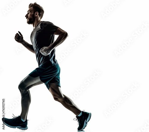 Silhouette of a focused male runner in mid-stride with high contrast lighting against a white background.