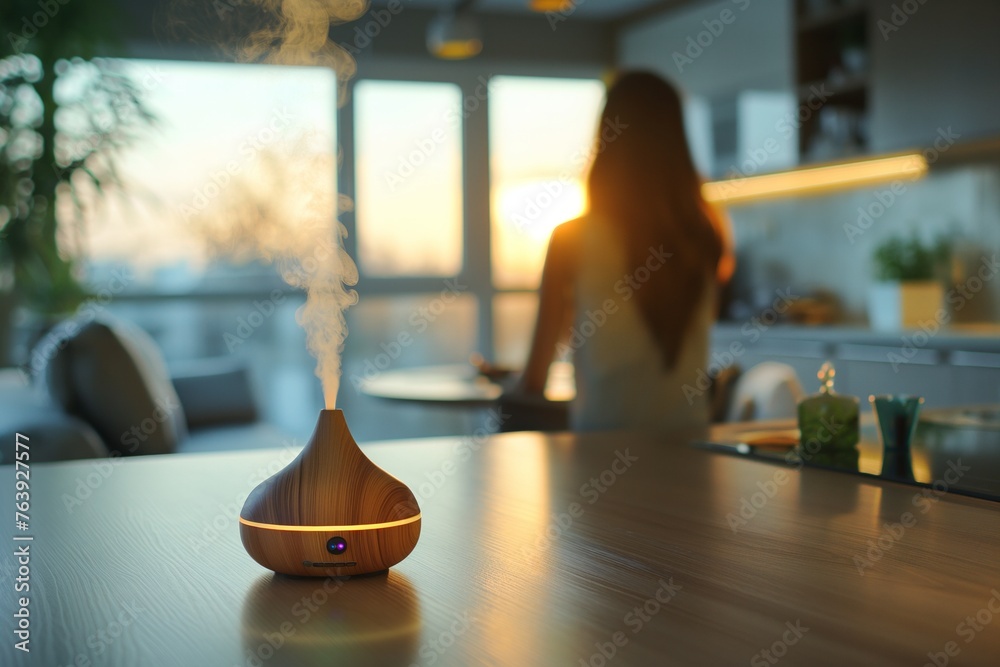 An essential aroma oil diffuser on the table on light color kitchen, behind out of focus stay woman, copy space for text. Sunlight. Concept aromatherapy and relaxing. Air freshener. - obrazy, fototapety, plakaty 