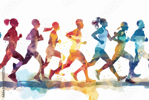 A diverse group of individuals competing in a marathon race, running on a road with determination and focus