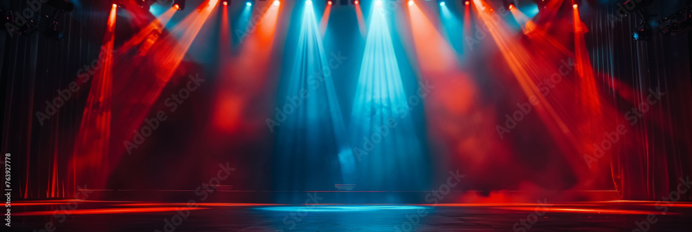 Free stage with lights and smoke, Empty stage with blue red pink spotlights, conser, show, party, Presentation concept. white spotlight strike on black background, vintage retro stage blue light