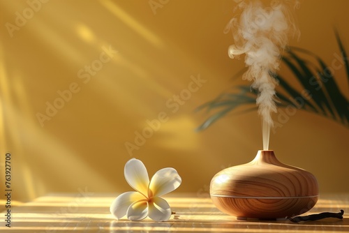 An essential aroma oil diffuser on the table, nearby vanilla flower, minimalism, yellow background with sunlight, copy space for text. Monochrome. Still life. Concept aromatherapy and relaxing.  photo