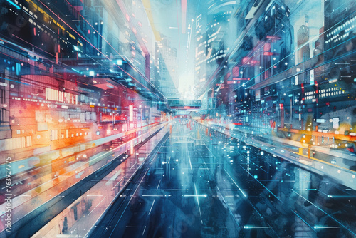 A digital painting depicting a city street bustling with activity under the glow of streetlights and buildings against a dark night sky