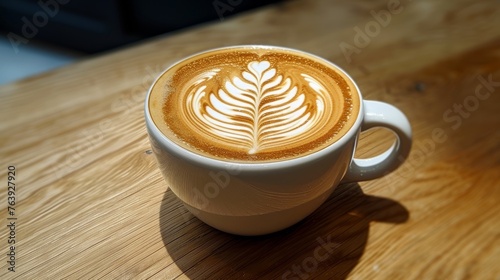 Skillfully crafted latte art in a white cup with intricate leaf design on wooden table
