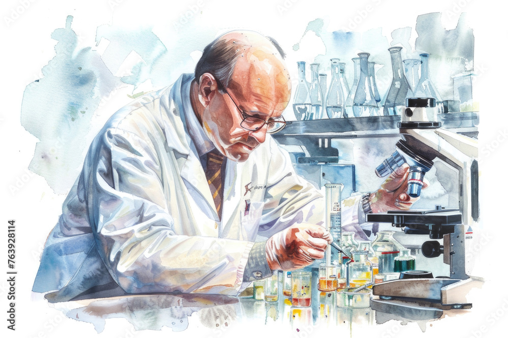 Watercolor painting of a man in a lab coat working with scientific equipment in a laboratory setting