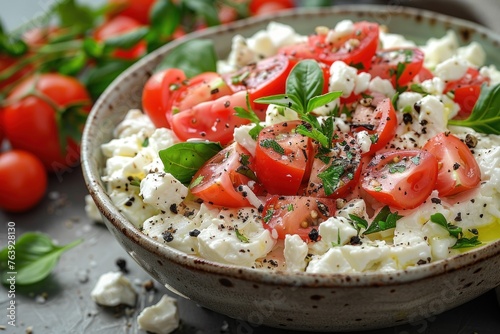 the basic components of a Greek salad, including chunks of feta and mozzarella cheese paired with ripe tomatoes and colorful vegetables, presented in a clean and minimalistic manner