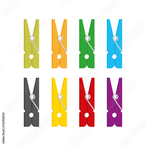 Clothes pegs - colored clothespins collection loosely arranged - isolated vector on white background.