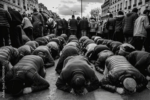 black image of hundreds of muslims bowing down in prayer on the street facing allah the only god for open air prayers at paris mosque in the night
