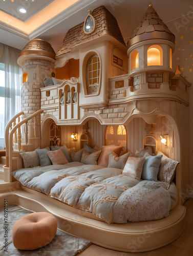 Property with castlelike bunk bed, a unique interior design feature photo